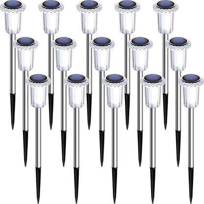 DenicMic Solar Lights Outdoor 15 Pack Waterproof 3000K Warm White LED Acrylic lamp Head Stainless Steel Stake for Landscape Lighting Path Walkway Sidewalk Backyard Patio Decor