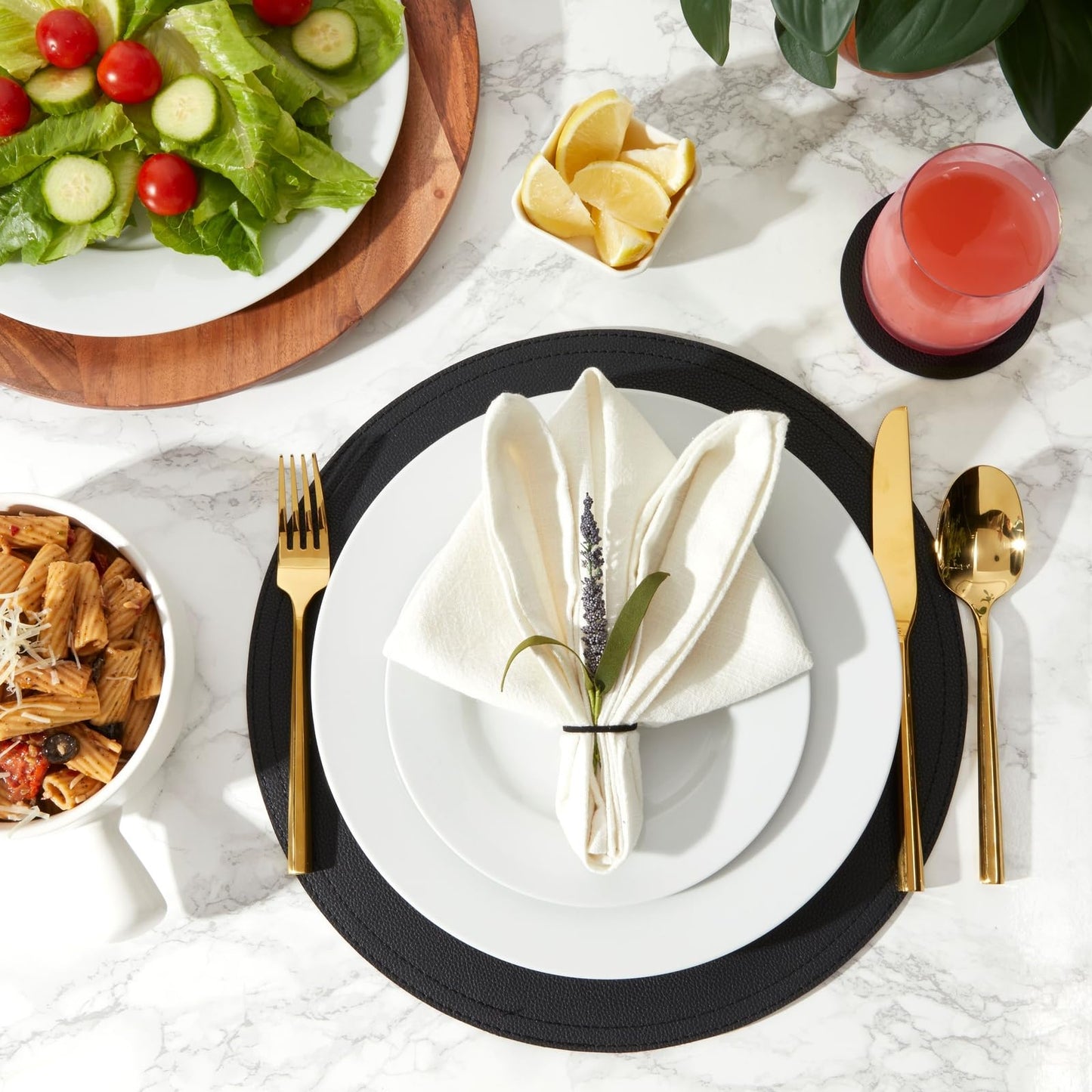 Juvale Round Vegan Leather Table Placemats & Coasters - Waterproof & Heat-Resistant Dining Table Decor - Easy Wipe-Clean Kitchen Decor - Durable Everyday Placemats - Black, 13.4", Set of 6