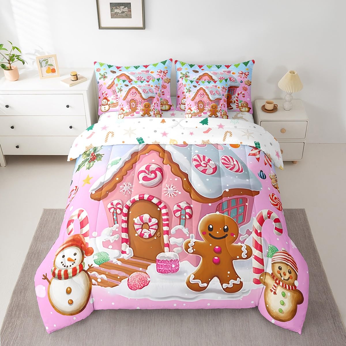 Xmas Gingerbread Man Twin Comforter Set with Sheets Bed in a Bag 7 Pcs,Winter Candy House Watercolor Bed Set,Snowman Winter Bedding Sets with Comforter,Flat,Fitted Sheet,Pillowcases,Pillow Covers