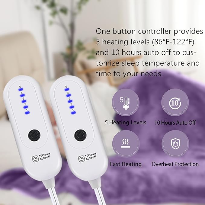 Heated Blanket Electric King Size, Soft Heated Electric Blanket, Machine Washable Heated Blanket with Dual Control 5 Heating Levels & 10 Hours Auto Off, Fast Heating, 100" x 90", Lavender Violet