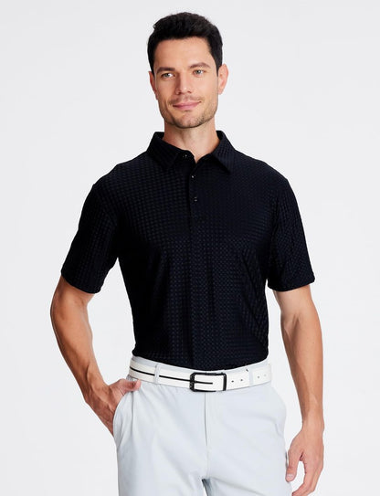 Alex Vando Mens Bubble Jacquard Polo Shirt Super Stretch Short Sleeve Polo Shirts for Men,Black,XL