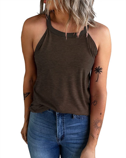 KINLONSAIR Women's Summer Sleeveless Halter Tee Shirts Crew Neck Workout Tank Tops Casual Plain Cami Shirts Coffee