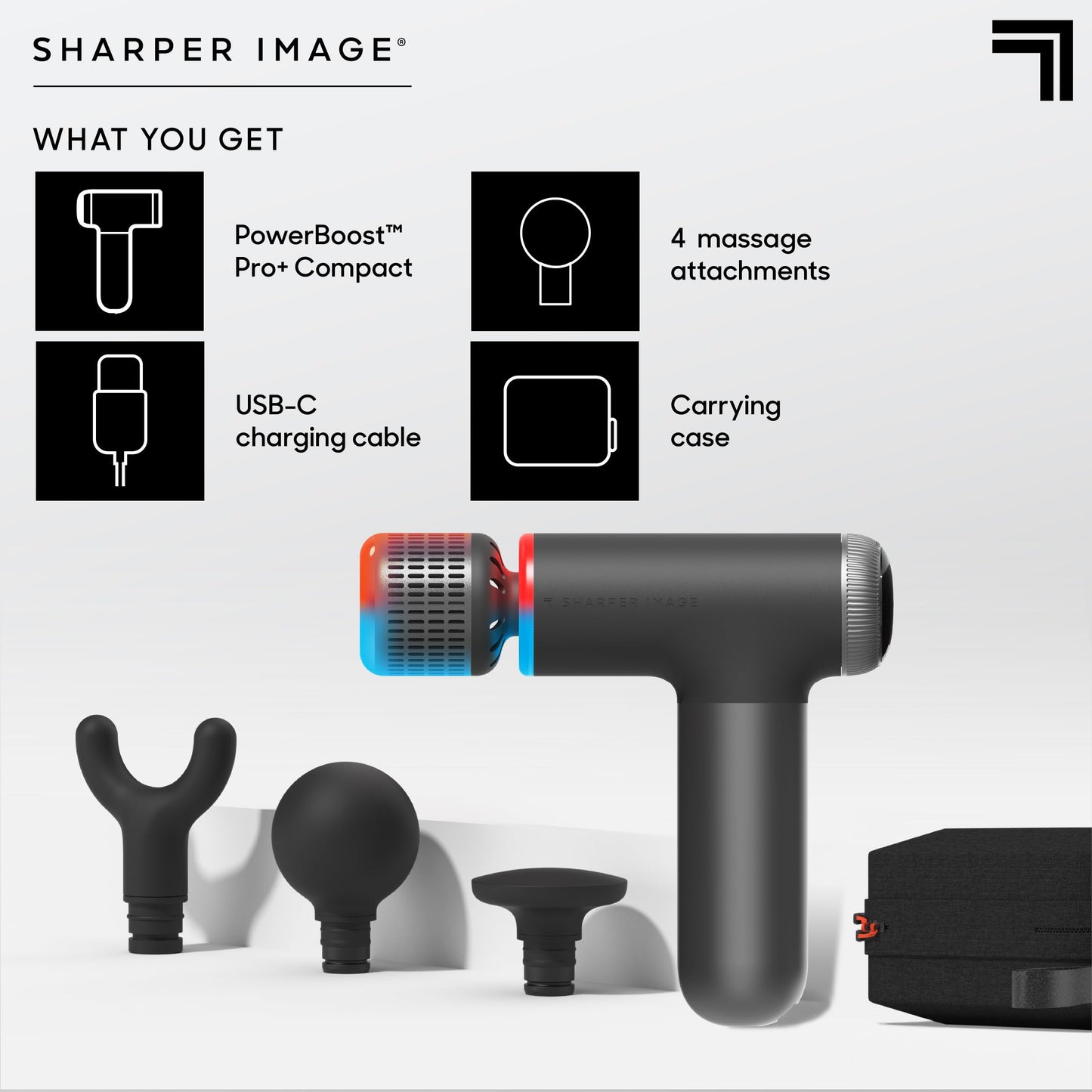 Sharper Image® Powerboost® Pro+ Hot & Cold Compact Deep Tissue Massage Gun - 6 Speed, 4 Attachments, Travel Case| Heat & Cold Therapy| Lightweight Shoulder & Back Massager| Fathers Day Gift for Dad