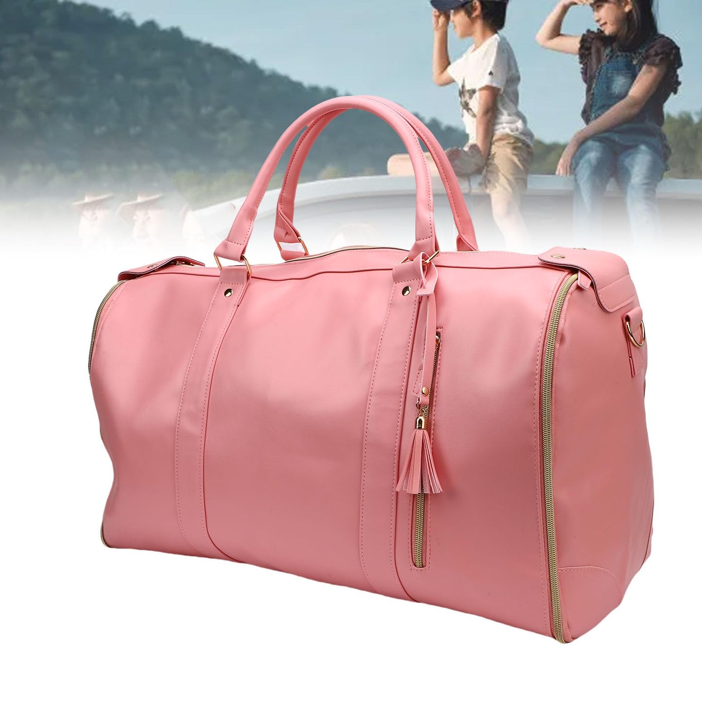 Hamwesh Rolling Garment Bag, 40L PU Leather Rolling Duffle Bag Detachable Telescopic Trolley Spacious Main Compartment Front Zip Pocket, Travel with Wheels for Men Women (Pink)