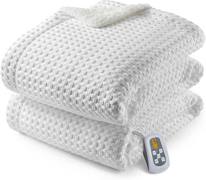 CAROMIO Heated Blanket Twin Size, Waffle Weave Electric Throw Blanket Fast Heating with LCD Controller, 10 Heat Levels & 1-12H Time Settings Auto Off, ETL Certified, Off White, 62" x 84"