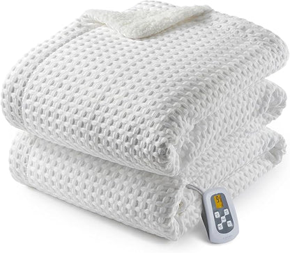 CAROMIO Heated Blanket Twin Size, Waffle Weave Electric Throw Blanket Fast Heating with LCD Controller, 10 Heat Levels & 1-12H Time Settings Auto Off, ETL Certified, Off White, 62" x 84"