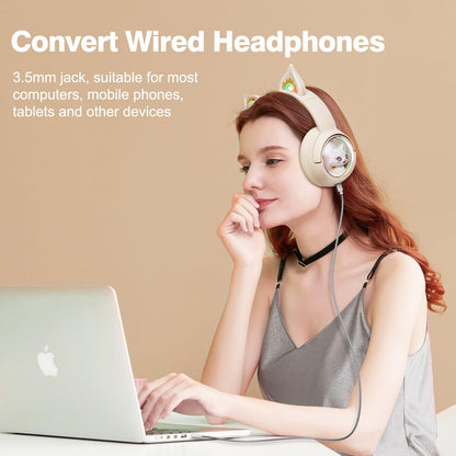 PHNIXGAM Cat Bluetooth Headphones, Wireless Headset with Mic, RGB LED Light Compatible with Mobile Phones PC Tablet, with 3.5mm Wired Mode for Audio Only, Beige