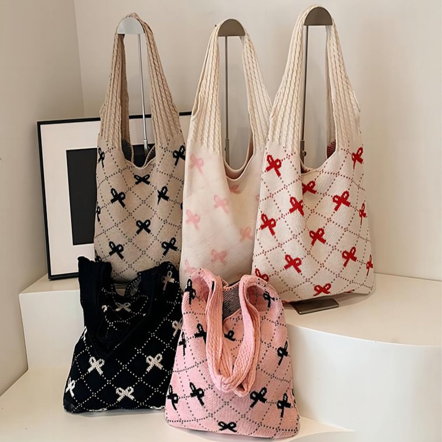 Busnos Beige Crochet Beach Bags For Women Coquette Bow Tote Bag Purse For Women Cute Crochet Beach Tote Bag Boho Knit Shoulder Purses Trendy Womens Travel Vacation Handbag