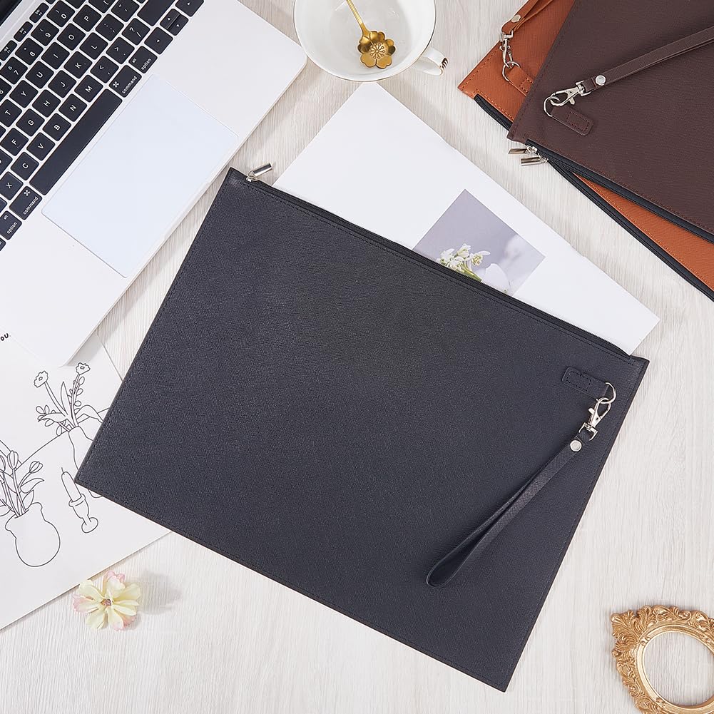 CALFOVERA A4 PU Leather File Holder with Removable Hand Strap Black Thin Document Folder Waterproof Portfolio Filing Zipper Pocket Oragnizer Bag Case for Receipt Contract Stationery Tablet