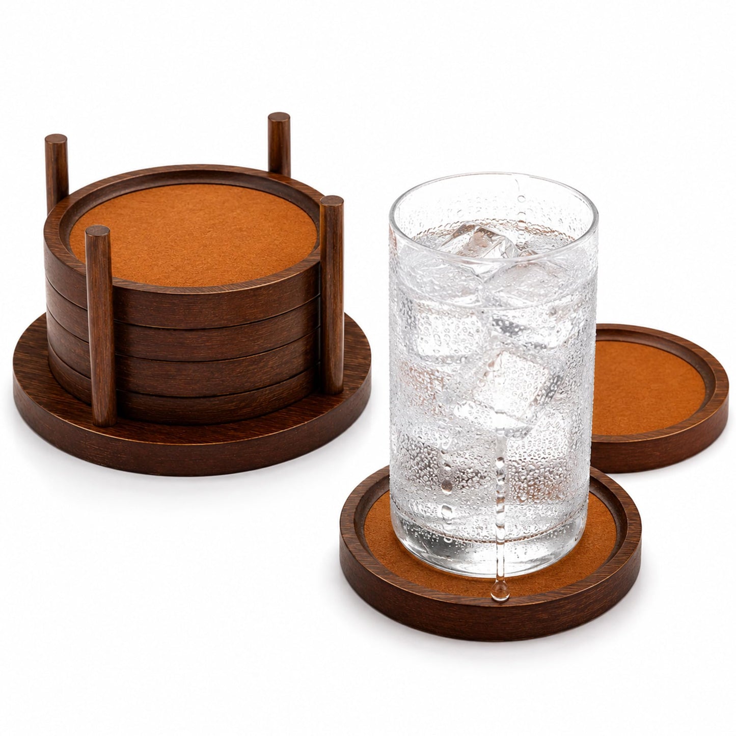 MinBoo Bamboo Coasters for Coffee Table Set of 6 Coasters for Drinks Absorbent with Holder Coffee Table Decor for Tabletop Protection Gifts for House Warming New Home & Wedding (Dark Brown 6Pcs)
