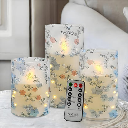 Printed Flameless Candles with String Lights - Set of 3 Battery Operated Candle Flickering Floral LED Pillar Candles with Timer Remote for Home Decor Romantic Ambiance,LT