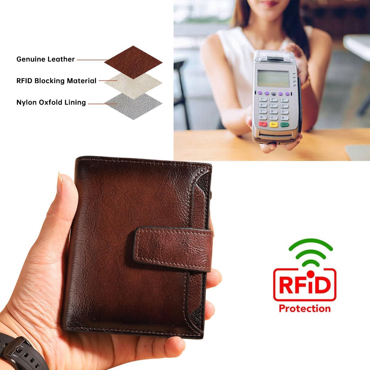 Men's Vintage RFID Blocking Bifold Wallet Genuine Leather with Zipper Coin Pocket Multi-Card Slots & ID Window (Coffee)