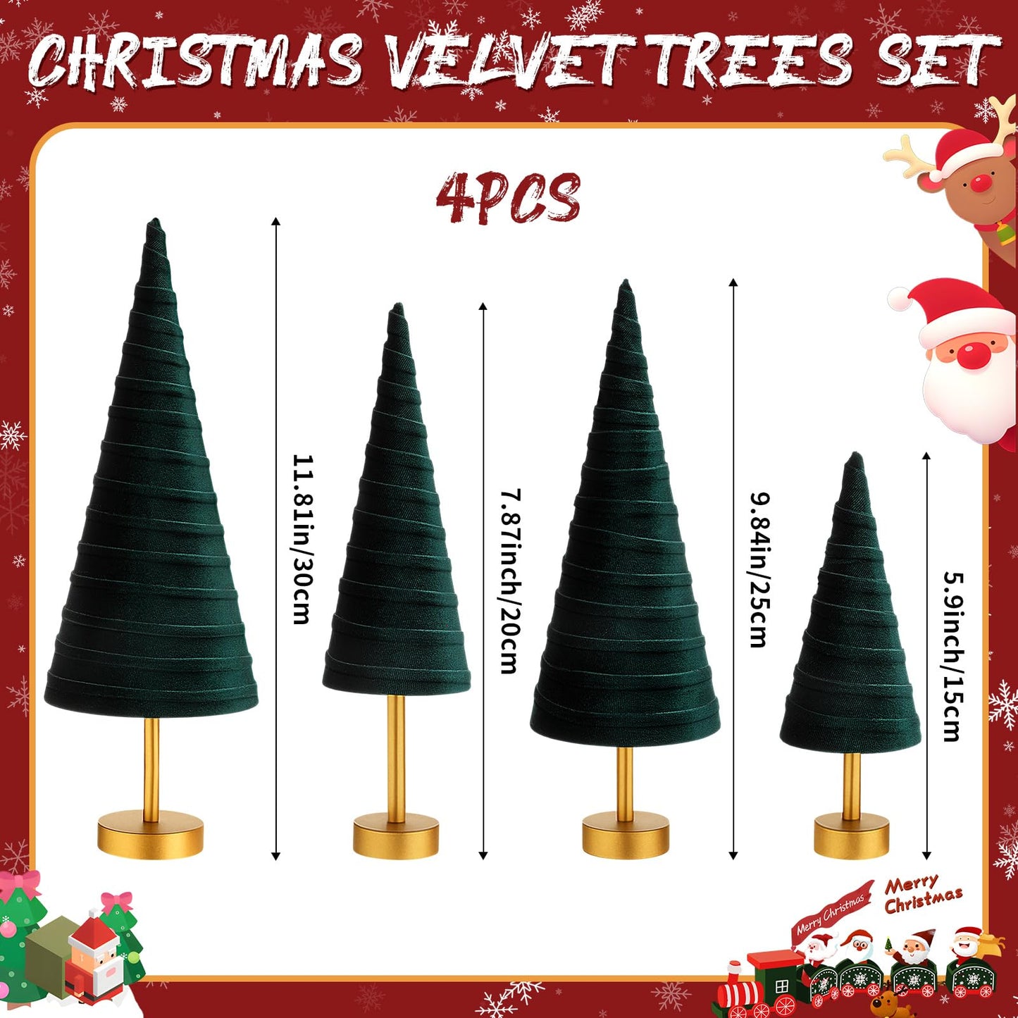Hoolerry 4 Pcs Christmas Velvet Trees with Gold Pedestal Modern Rustic Christmas Velvet Cone Trees Minimalist for Mantel Table Centerpiece Entryway Home Winter Holiday Wedding Decor (Green)