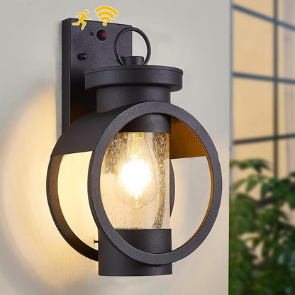 Motion Sensor Industrial Outdoor Sconce Modern Exterior Wall Mounted Light Fixture Waterproof Outdoor Wall Lantern, Matte Black Outside Lamp with Seeded Glass for House, Porch, Garage