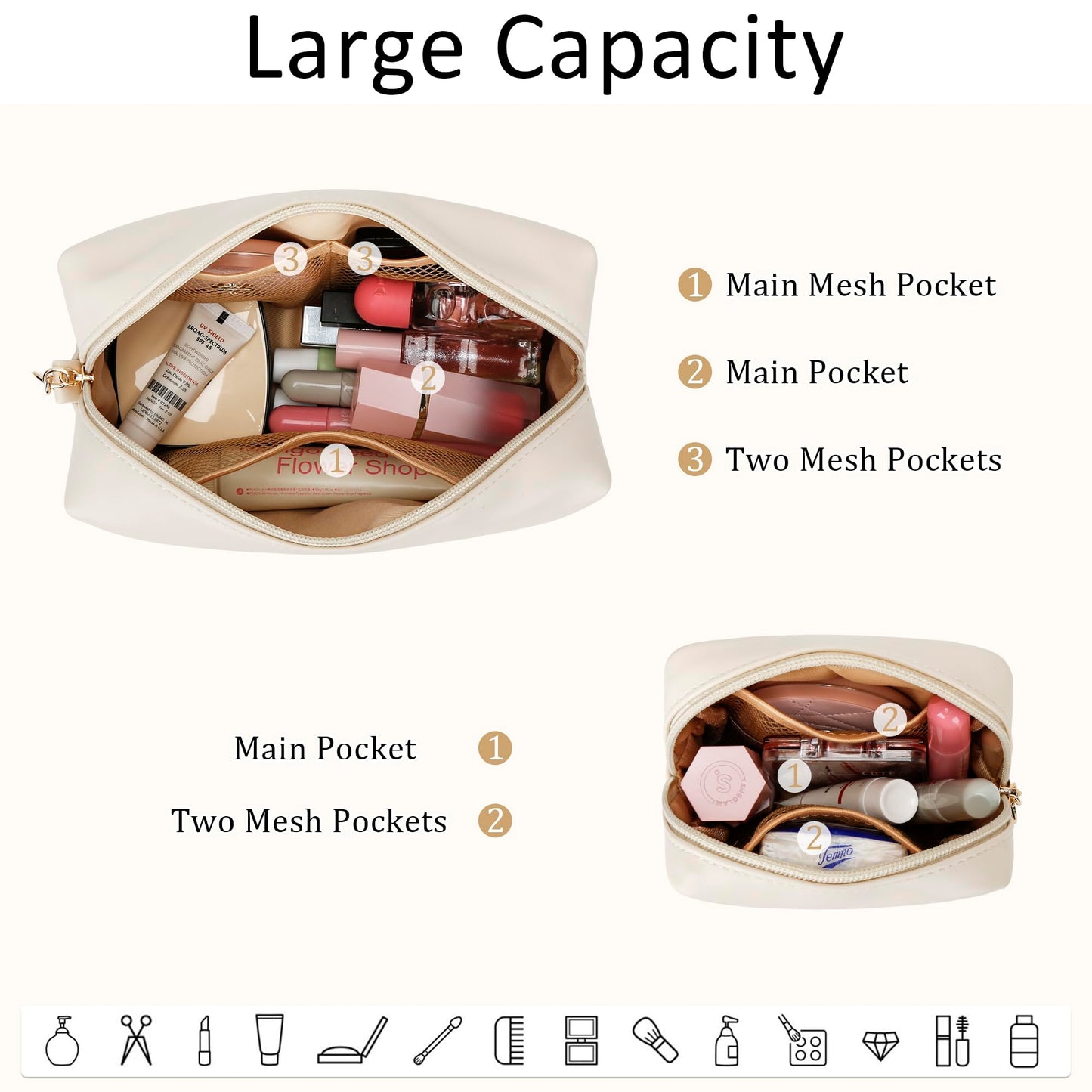CLOUDWINGS Personalized Birthday Gifts for Women - Initial Makeup Bag Set Travel Toiletry Bag Cosmetic Bags Soft Waterproof PU Leather Makeup Pouch Travel Essentials (M, 2pcs Beige)