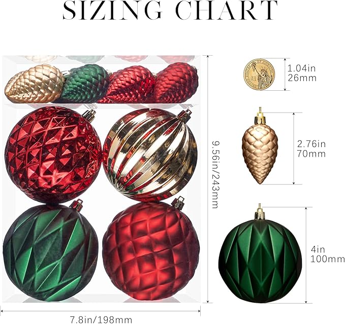 JORNOY Christmas Tree Ornaments, 4inch/100mm Shatterproof Ornaments for Christmas Tree Set - Large Plastic Decorative Hanging Balls Ornaments for Xmas Tree Decorations Party, 12ct (Red & Green & Gold)