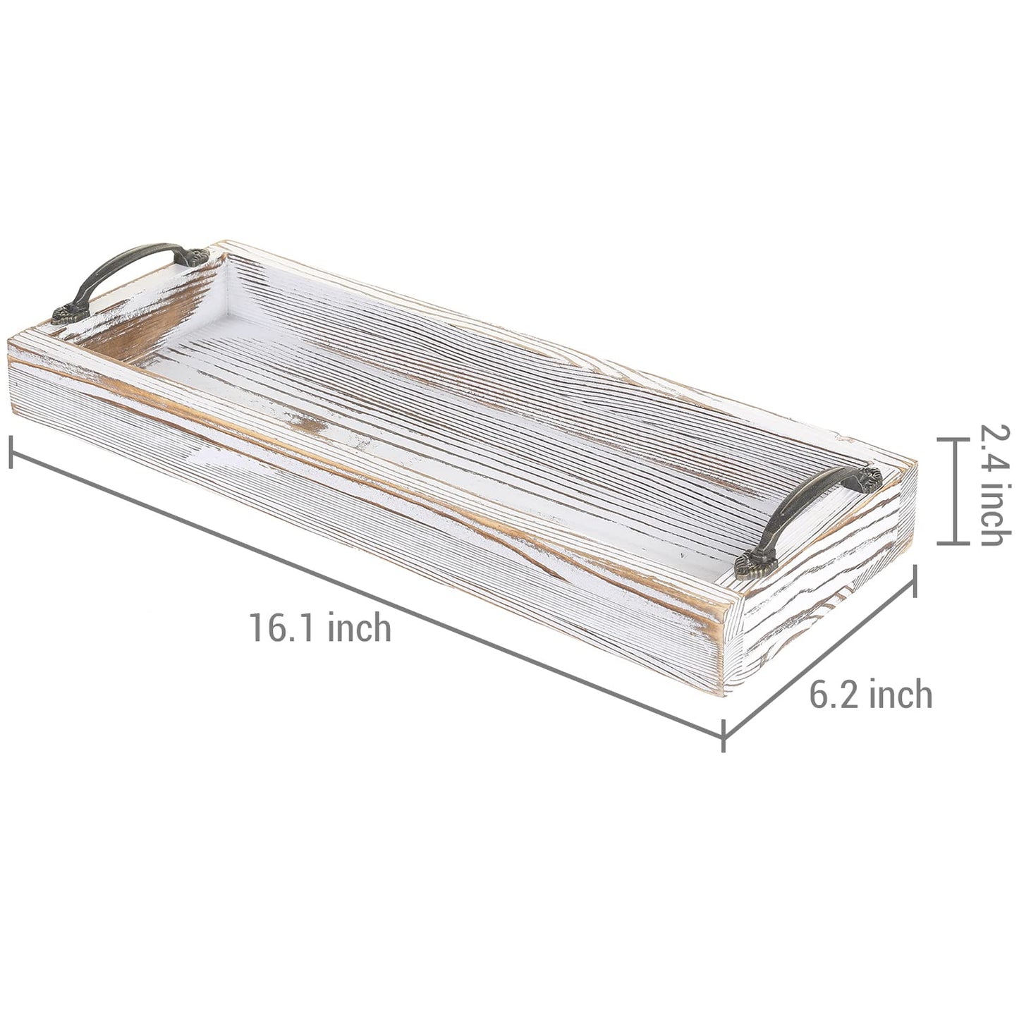 MyGift Weathered White Solid Wood Toilet Tank Tray, 16 Inch Rectangular Bathroom Vanity Tray with Aged Bronze Metal Handles