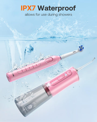 Bitvae Water Dental Flosser Teeth Picks, Cordless Water Flosser for Teeth, Braces, Dental Care and Rechargeable Rotary Electric Toothbrush Combo Set, 4 Tips, 4 Brush Heads, Waterproof, Black, C5+R1