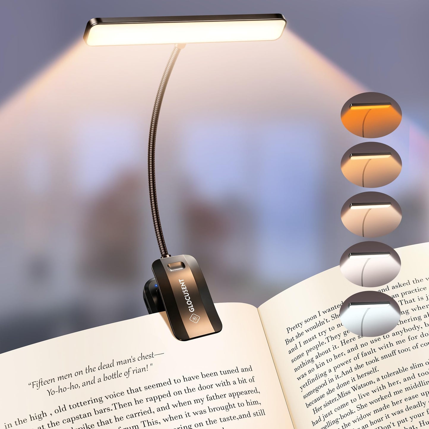 Glocusent 26 LED Rechargeable Book Light for Reading in Bed, Eye-Caring 5 Amber Colors and Stepless Dimming, Lasts 1 Week to a Months, Travel Clip on Lamp Gifts for Book Lovers, Men, Women & Kids