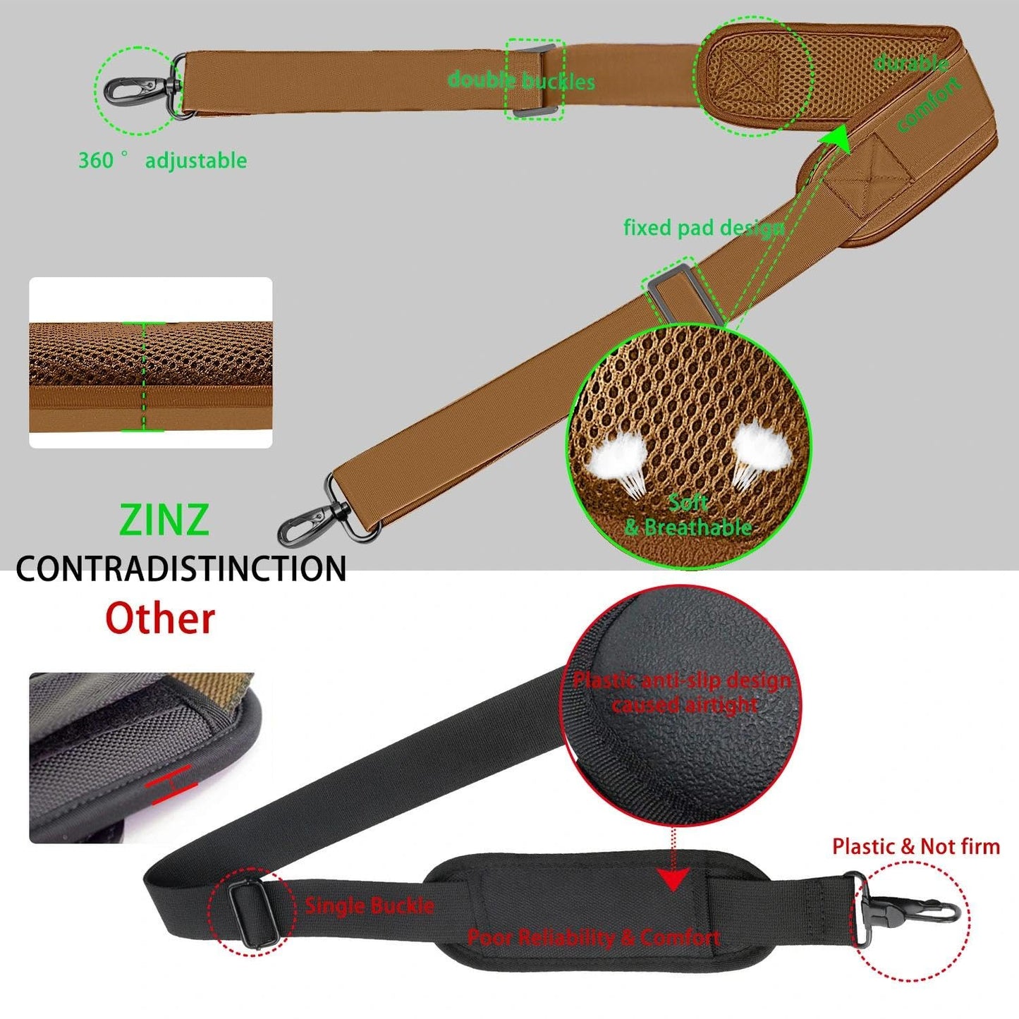 ZINZ 79 inch Shoulder Strap, Extra-thick Fixed Cushion Pad and Dual Clasps Universal Replacement Strap with Metal Swivel Hooks for Laptop Bags, Luggage Bags, Camera, Crossbody(Khaki)