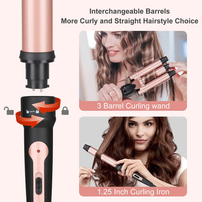 Wand Curling Iron Hair Crimper, Emocci Pro Large 3 Barrel (0.35"-1.25" Ceramic Barrel) Hair Crimper for Women Beach Waves Instant Heat Hair Waver Set for Long Hair Curlers 5-in-1 Curling Wand Set