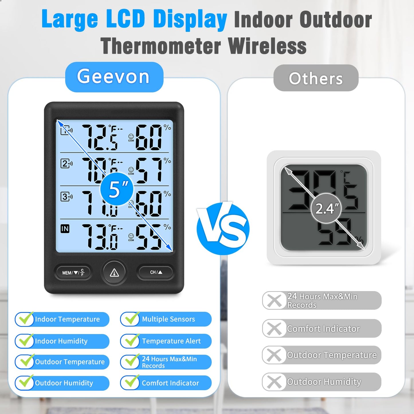 Geevon Indoor Outdoor Thermometer Wireless with 3 Remote Sensors, Digital Hygrometer Thermometer, Wireless Temperature Humidity Monitor Gauge with 200FT/60M Range (Black)
