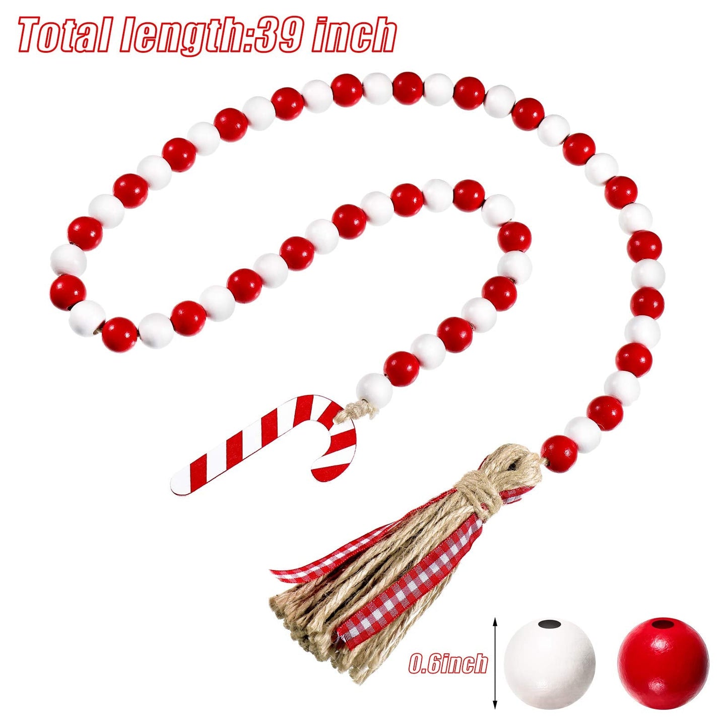 Chuangdi Christmas Wooden Bead Garland Wreath, 39 Inches Decorated with Candy Canes Tassels Wood Bead Garland for Christmas Tree Tiered Tray Decor Home Farmhouse Wall Hanging Ornaments(Red White)