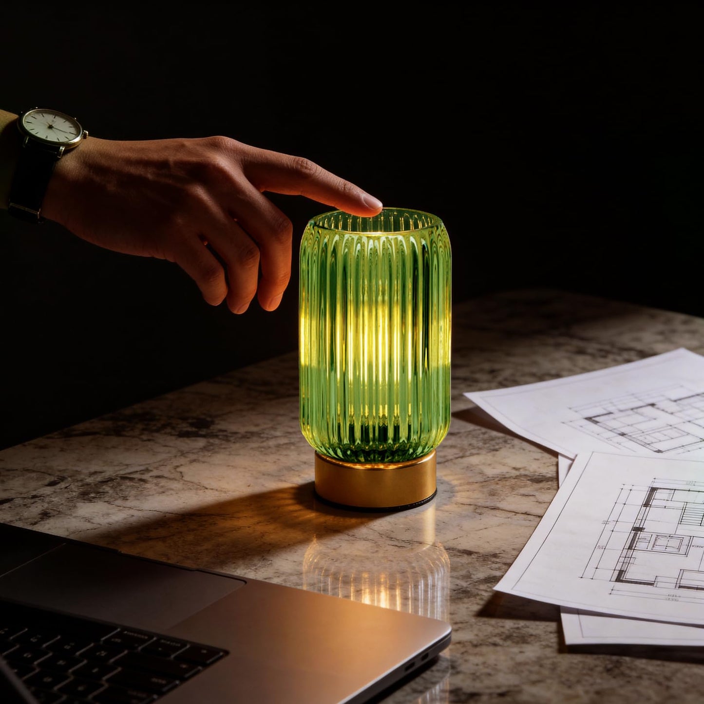 MJ PREMIER Cordless Lamp, Battery Operated Lamp with Timer, Green Glass Lampshade, Small Table Lamps for Area No Plug, Decorative Led Light for Bedroom Living Room Shelf (Green)
