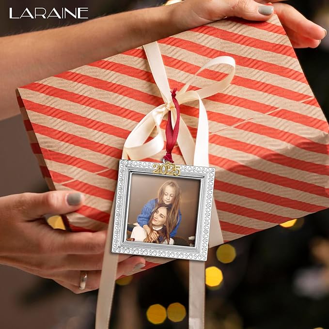 Laraine Christmas Tree Ornaments – Decorative Hanging 2025 Holiday Keepsake Gift Pendant with 2.5” Photo Frame Insert for Picture of Pet (Square Silver (2025))