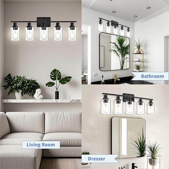 Bathroom Vanity Light Fixtures,5-Light Black Wall Lights for Living Room,Bathroom Light Fixtures Over Mirror,Wall Lamps for Bedroom with Clear Glass Shade for Hallway,Kitchen,Cabinet