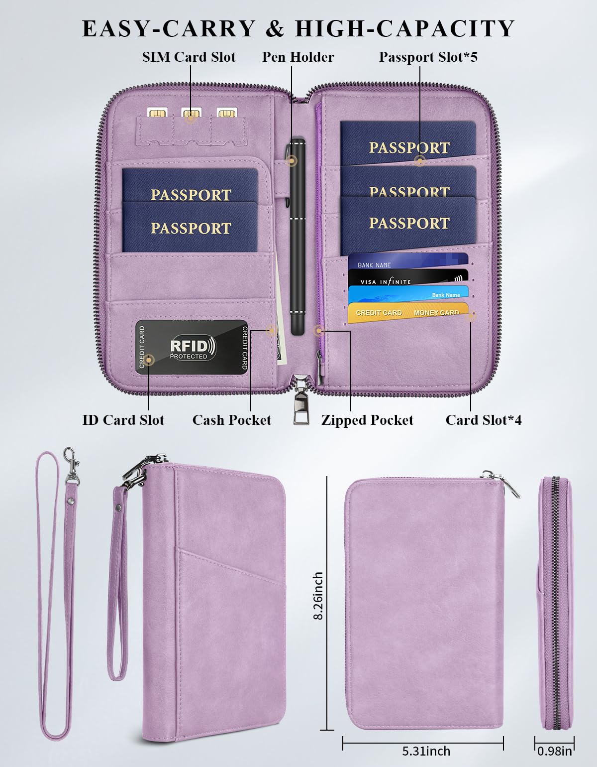 Family Passport Holder Wallet RFID Travel Document Organizer for Women Men, Portable Case Cover for Cards, Boarding Pass with Wrist & Neck Double Strap, Travel Christmas Gifts (Purple, 1pack)