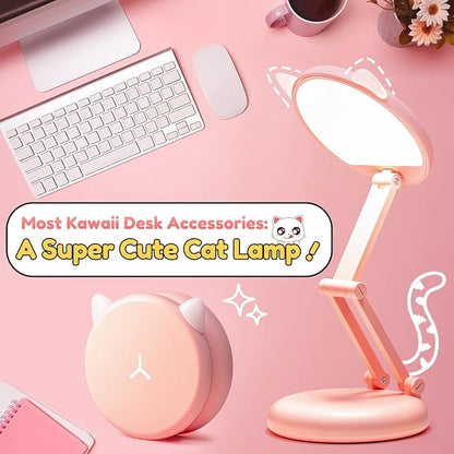 One Fire Cute Desk Lamp Pink Dorm Lamps for College Girls Foldable Portable Rechargeable Dimmable Cute Cat Lamp Kawaii Room Decor,College Dorm Decor for Girls Pink Classroom Essentials