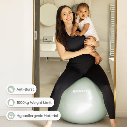 BABYGO Birthing Ball - Pregnancy Yoga Labor & Exercise Ball & Book Set Trimester Targeting, Maternity Physio, Birth & Recovery Plan Included Anti Burst Eco Friendly (Sage, 75cm - Electric)