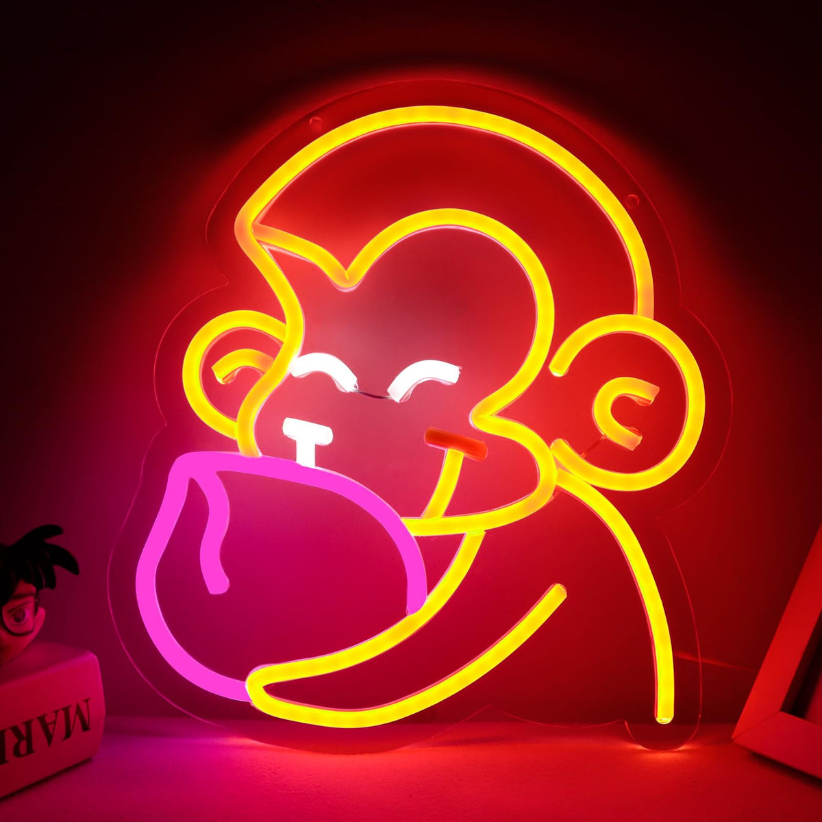Balanar Cartoon Monkey Neon Sign For Wall Decoration Peach Neon Signs LED Signs Anime Style Neon Lights Room Decoration Birthday Party Gifts Aesthetic Red Kids Bedroom Decor
