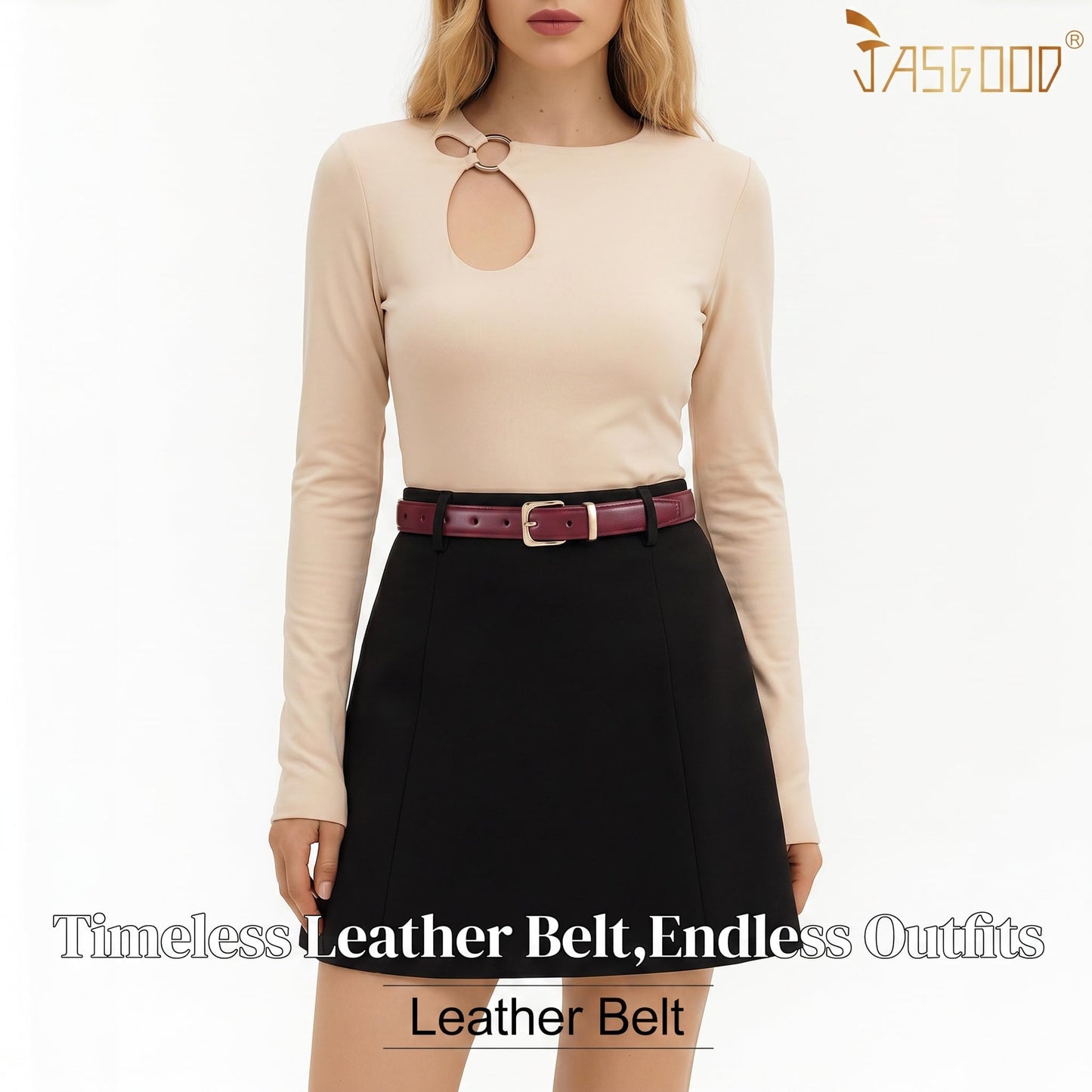 JASGOOD Women Belt for Jeans Dresses Pants Ladies Leather Waist Belt with Square Gold Buckle