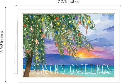 Canopy Street Masterpiece Tropical Sunset Cards / 16 Coastal Holiday Card Set With White Envelopes / 5 5/8" x 7 7/8" Warm Weather Palm Tree Vacation Greeting Cards With Meaningful Inside Verse