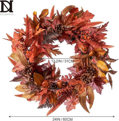 DN DECONATION 24 Inch Fall Wreaths for Front Door, Autumn Farmhouse Wreaths with Orange Pumpkins, Leaves, Pinecones & Berries for Indoor Outdoor Porch Home Wall Thanksgiving Harvest Festival Decor