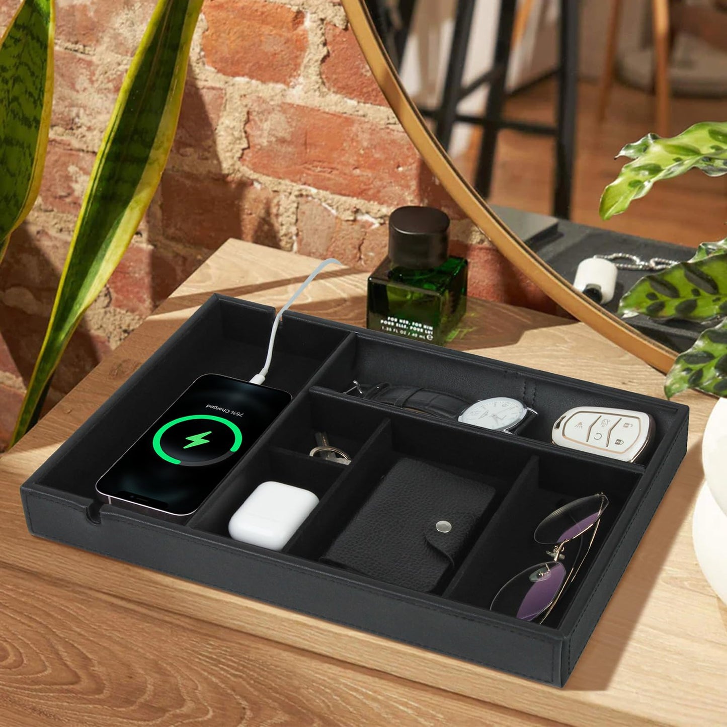 HofferRuffer Faux Leather Valet Tray for Gift, Nightstand Organizer Decorative Dresser Tray Box with Phone Charging Station, Storage Catchall for Men and Women (Black Organizer)