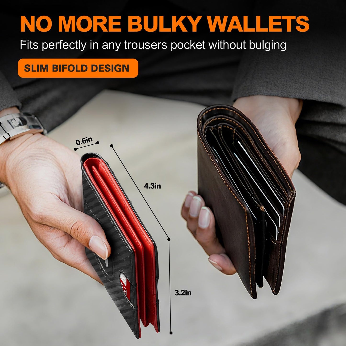 Wallet for Men Slim RFID Blocking Bifold Carbon Fiber,Minimalist Small Compact Front Pocket Credit Card Holder,Thin Mens Leather Wallets Smart Security With 2 ID windows 1 Cash (Black & Red)