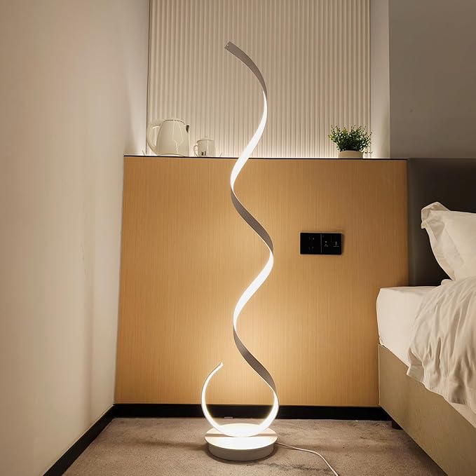 57inch Spiral LED Floor Lamp, Torchiere Super Bright Floor Lamp for Living Rooms & Offices - 3 Light Color Remote Dimmable, Tall Standing Lamp for Bedroom Reading (White)