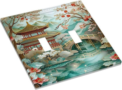 Asian Palace Traditional Bridge Cherry Blossoms Light Switch Covers Double Toggle 2 Gang Wall Plate Dual Decorative Switchplate Electrical Faceplate for Farmhouse Decor