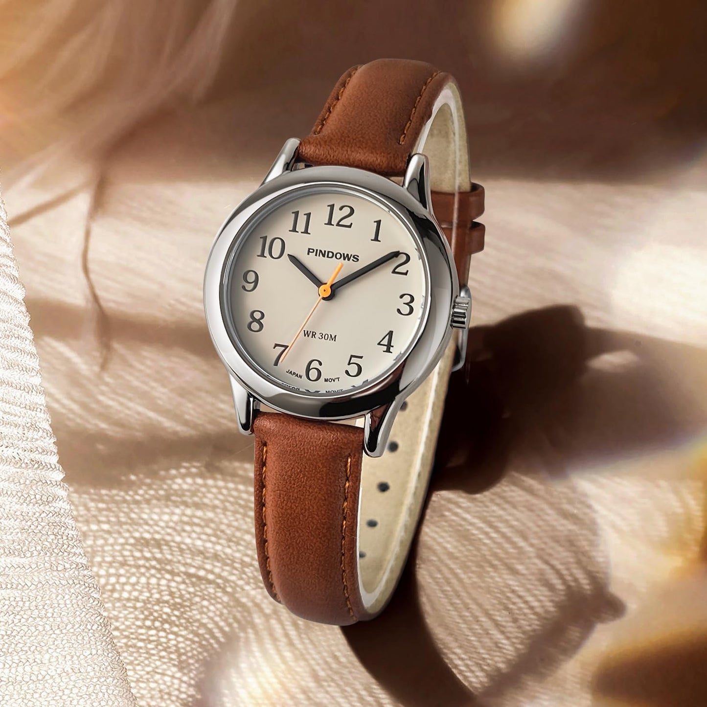 PINDOWS Minimalist Watches for Women, Gold-Tone Case with Black Leather Strap, Fashionable, Everyday Elegant Quartz Analog Dress Watch