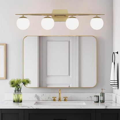 Gold Vanity Lighting Fixtures, 4-Light 34.7 Inch Modern Bathroom Light with Milky White Frosted Glass Shades, Wall Lights for Bathroom, Bedroom, Living Room(G9 Bulb not Included)