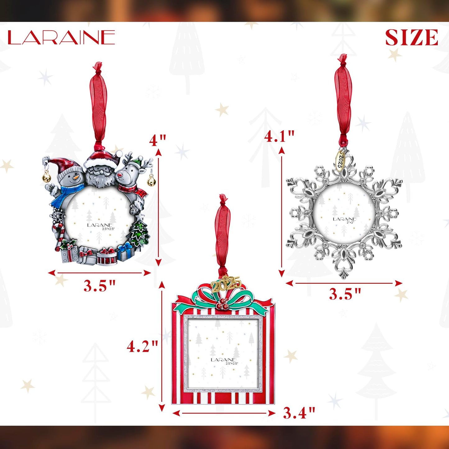 Laraine Christmas Tree Ornaments – 3-Piece Decorative Hanging 2025 Holiday Keepsake Gift Pendant with 2” Photo Frame Insert for Picture of Pet (3-Piece Gift Set (2025))