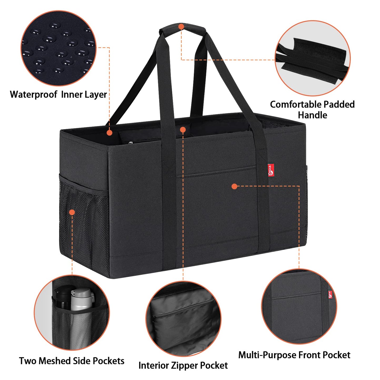 RVSNQ Extra Large Utility Tote Bag, Foldable Reusable Grocery Bags with Metal Wire Frame & Reinforced Bottom Board, Stand Up Large Utility Tote for Shopping, Beach Bag, Laundry, Car (Black)