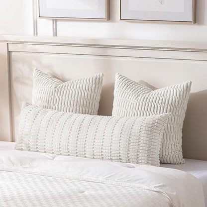 Fancy Homi Cream Boho Long Body Lumbar Decorative Throw Pillow Cover 14x36 Inch for Bed Couch Bedroom Bench, Soft Corduroy Rectangle Solid Pillow Case 35x91 cm, Rustic Farmhouse Room Decor