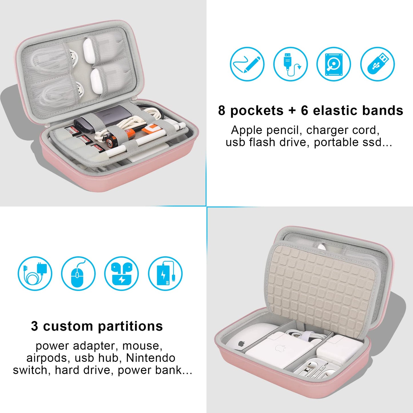 Elonbo Hard Travel Cords Organizer Universal Small Electronic Accessories Carrying Case for Chargers Cable MacBook Adapter Magic Mouse Apple Pencil USB Flash Disk Tech Portable Storage Bag, Rose Gold