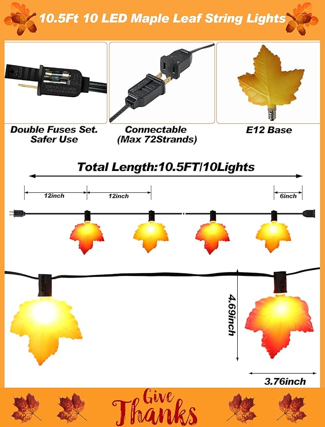 10.5 FT Lighted Fall Garland, Energy-Efficient LED Maple Leaf String Lights (UL Certified) for Thanksgiving & Halloween Mantle Decor