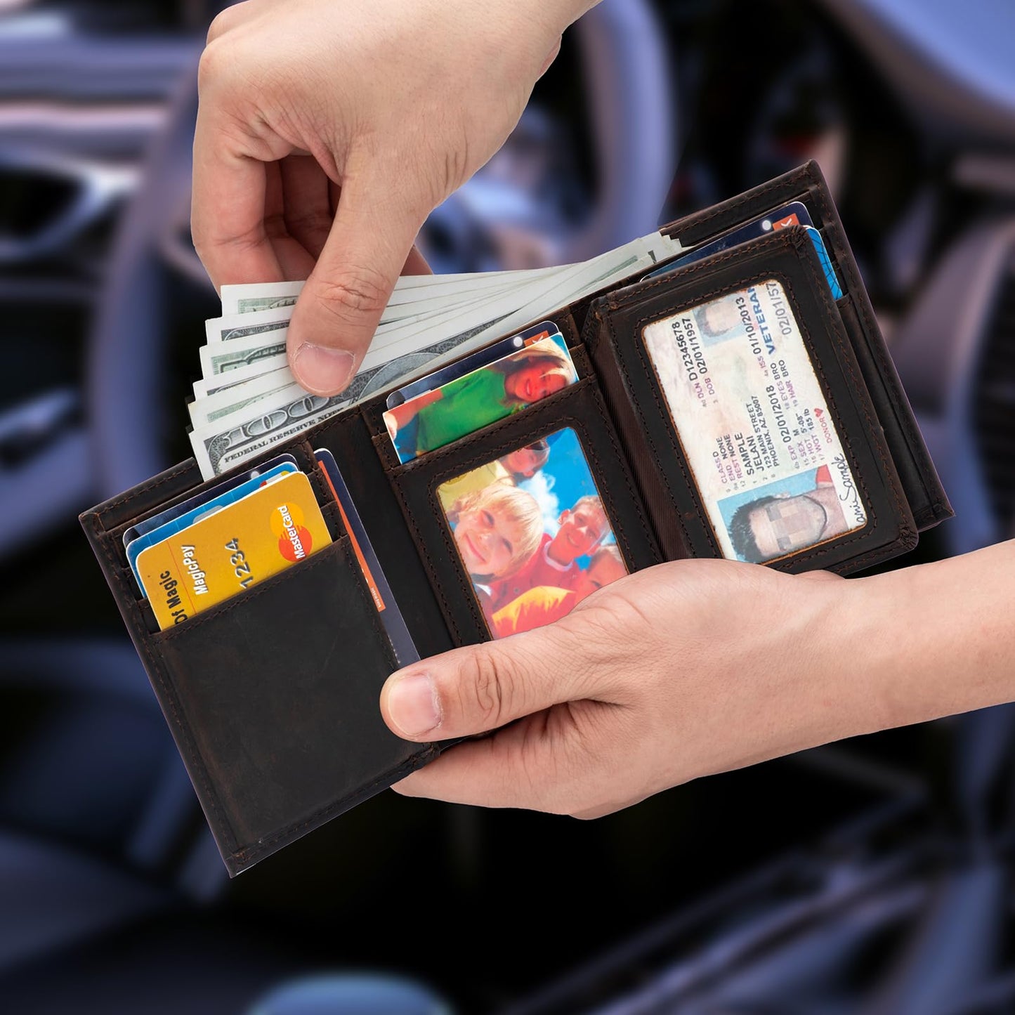 WULOUJIE Mens large-capacity Trifold wallet with 2 ID Window，Genuine Leather RFID Blocking 11 card slots Wallet for Men (Dark brown)