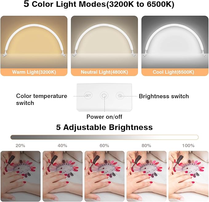 Nail Light for Desk, 30'' LED Half Moon Lamp for Nail Techs, Manicure and Handicraft, Adjustable Color Modes and Brightness, with Phone Holder (White)